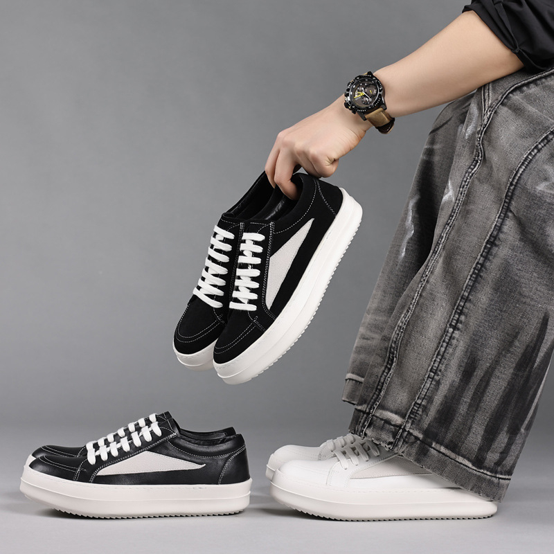 White Sneaker Care Kit - รองเท้าผ้าใบหนังแท้สีดำสำหรับผู้ชาย แต่งด้วยหนังกลับสีขาว ทรงเตี้ย แบบผูกเชือก สไตล์ลำลอง สำหรับสตรีทแวร์